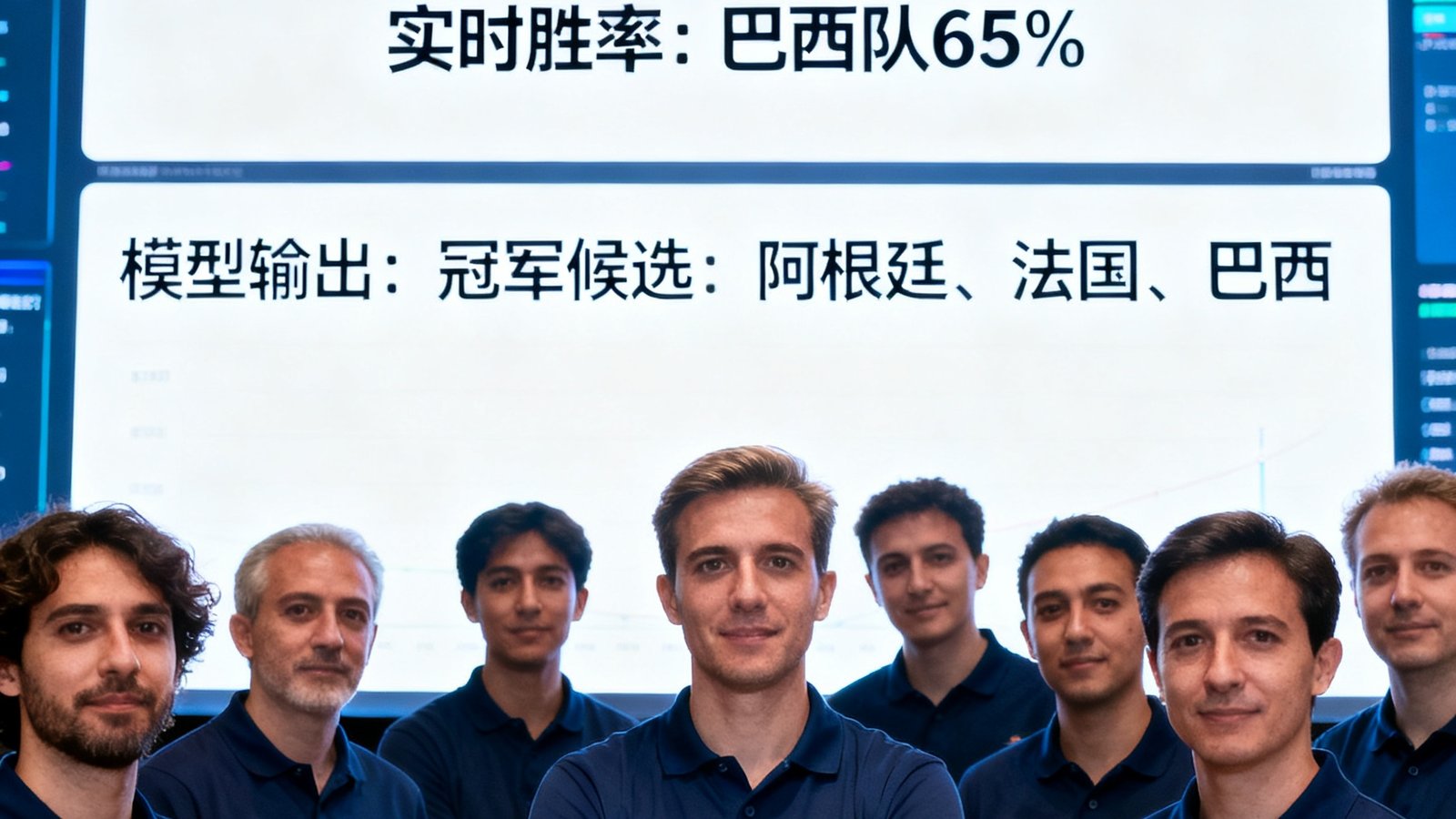 2026世界杯预测网团队在数据看板前合影，屏幕显示实时胜率与模型输出