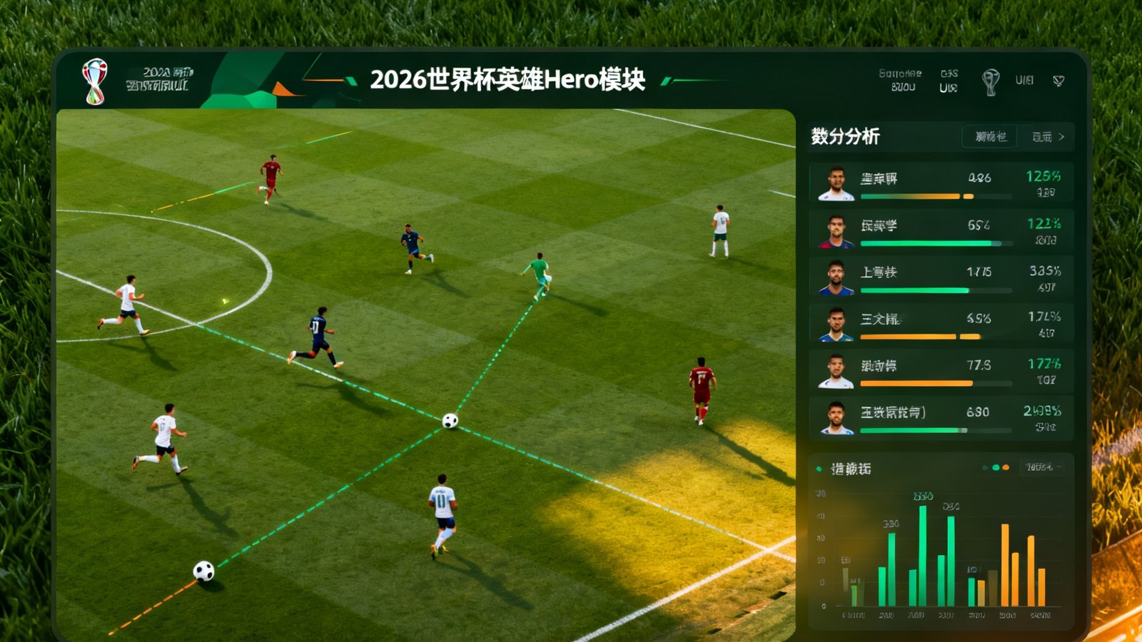 2026世界杯英雄Hero模块展示实时赛场与数据分析面板，背景为绿茵场与球迷光影